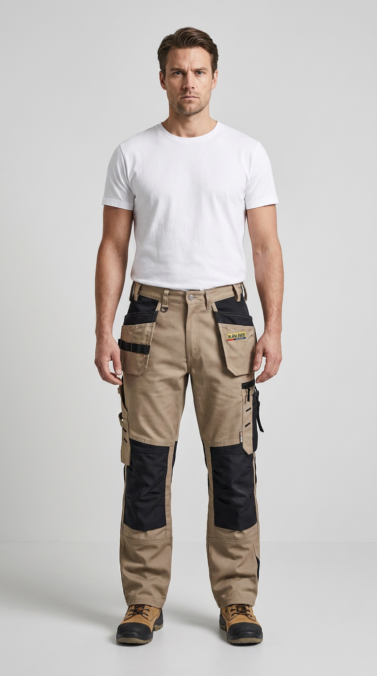 Mand i hvid t-shirt og beige arbejdsbukser med sorte forstærkninger mod en lys baggrund.