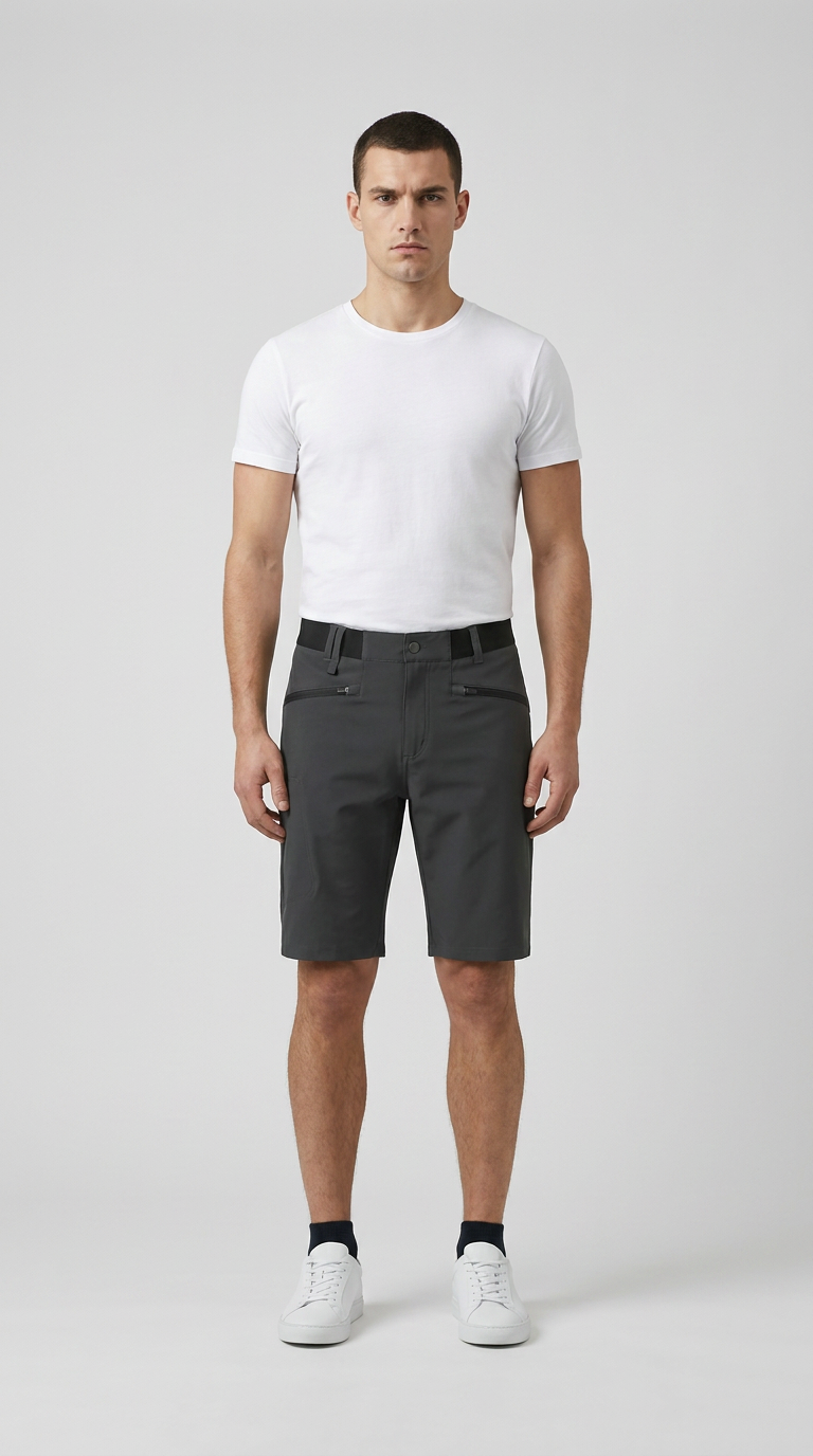 Mand iført hvid t-shirt, mørkegrå shorts og hvide sneakers mod en lys baggrund.