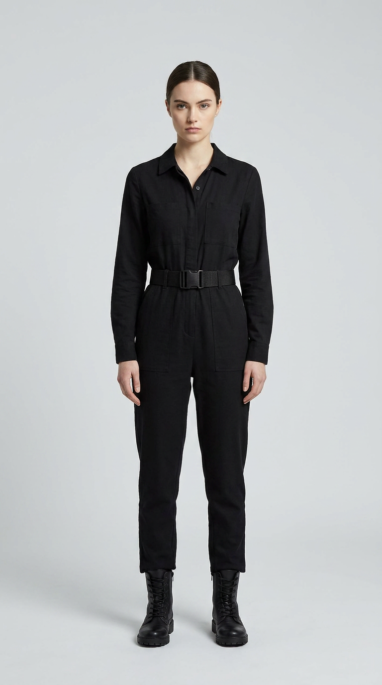 Kvinde i sort langærmet jumpsuit med bælte og sorte støvler mod en grå baggrund.