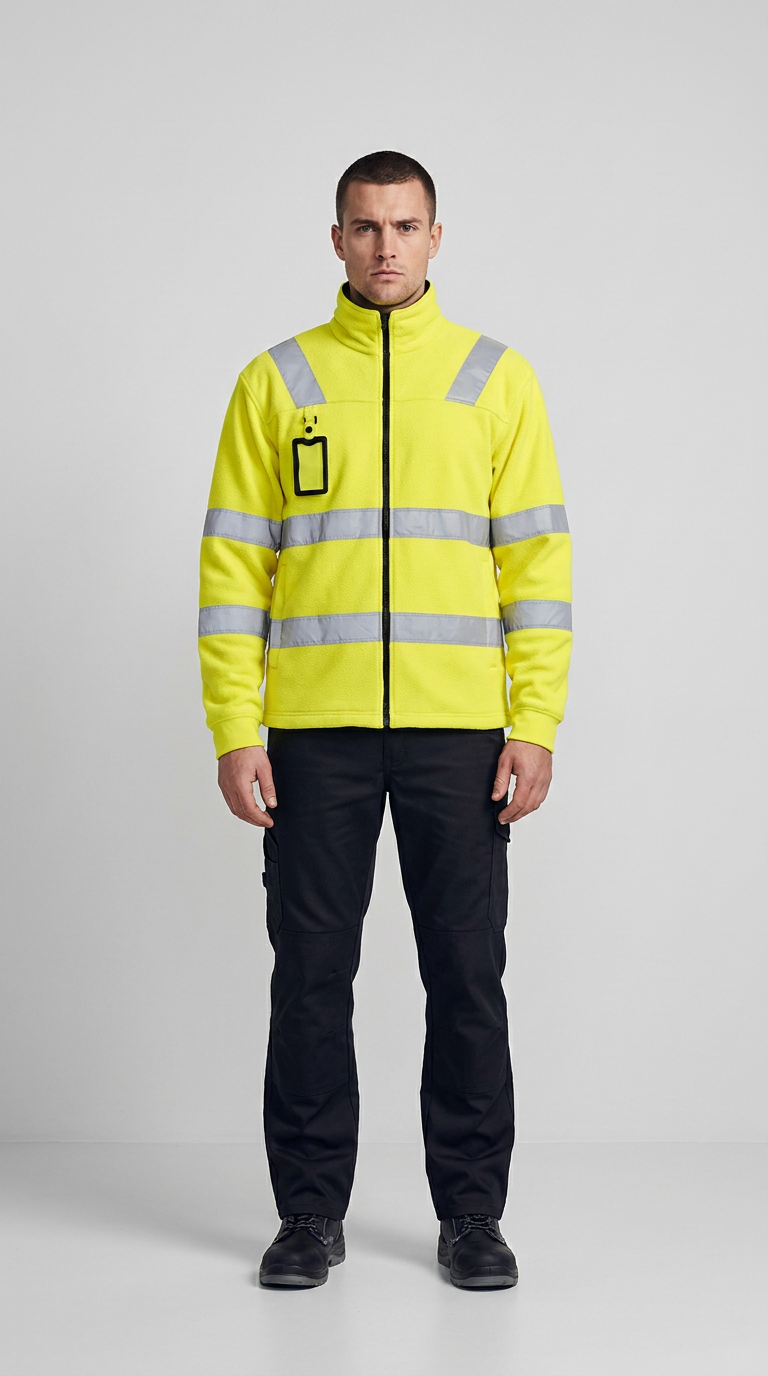 Mand i neongul sikkerhedsfleece med refleksstriber og sorte arbejdsbukser på en grå baggrund.