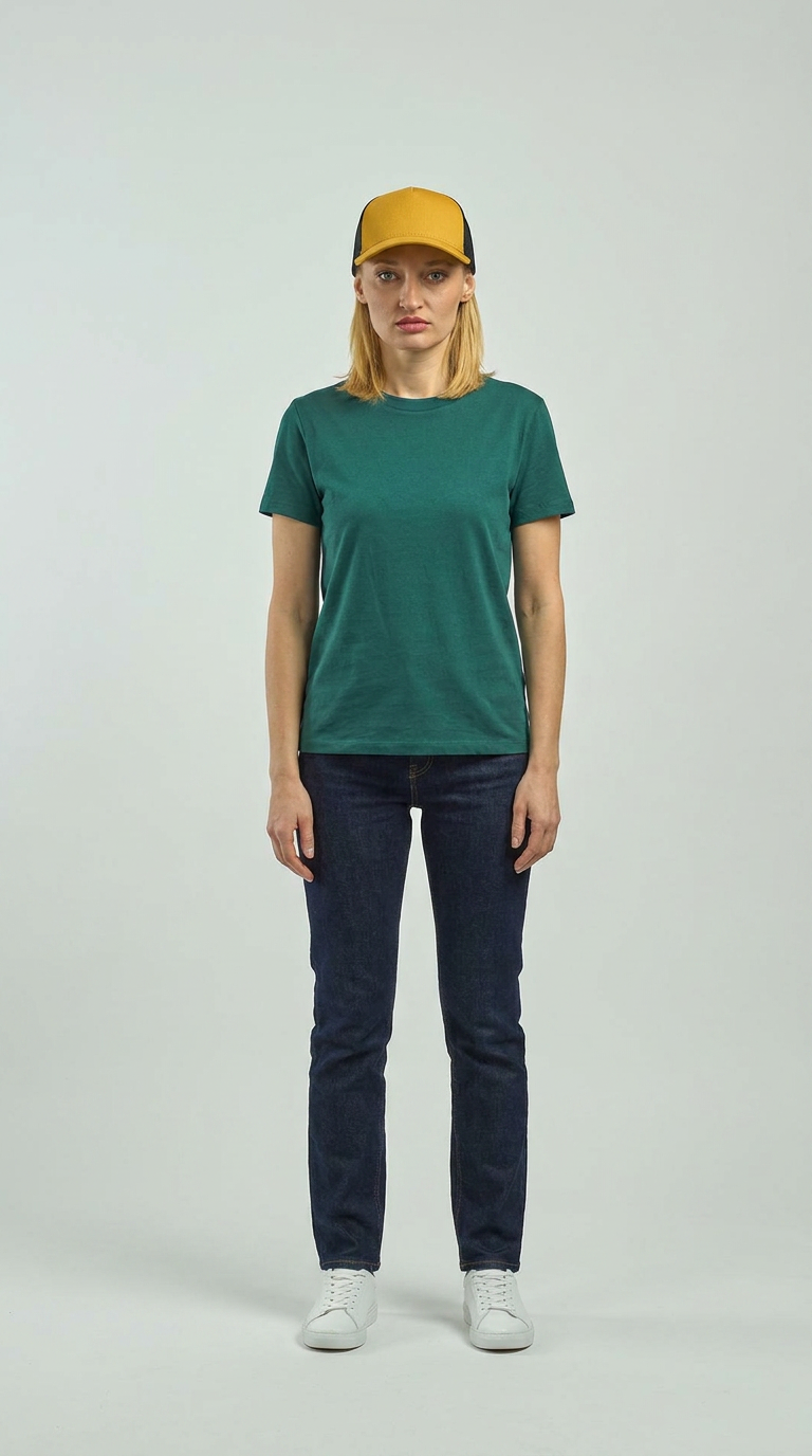 Kvinde i grøn t-shirt, mørkeblå jeans og gul kasket stående foran en grå baggrund.