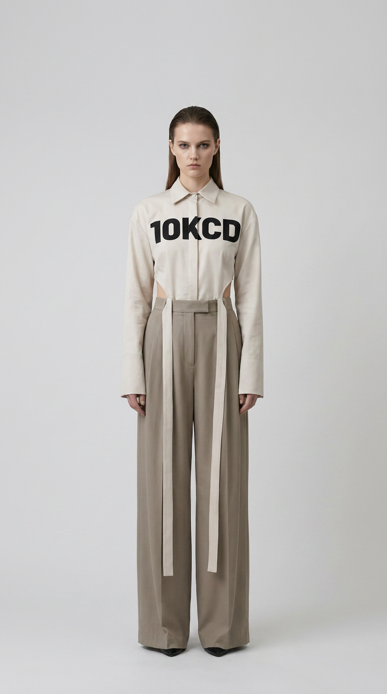 Model i creme-farvet skjorte med '10KCD' tekst og udskæringer, stylet med taupe bukser med brede ben.