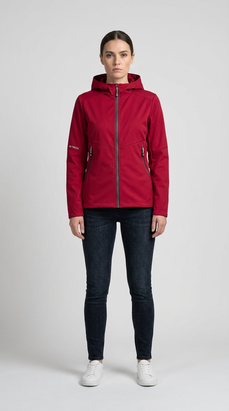 Kvinde i rød softshell-jakke med hætte, mørkeblå jeans og hvide sneakers mod en grå baggrund.