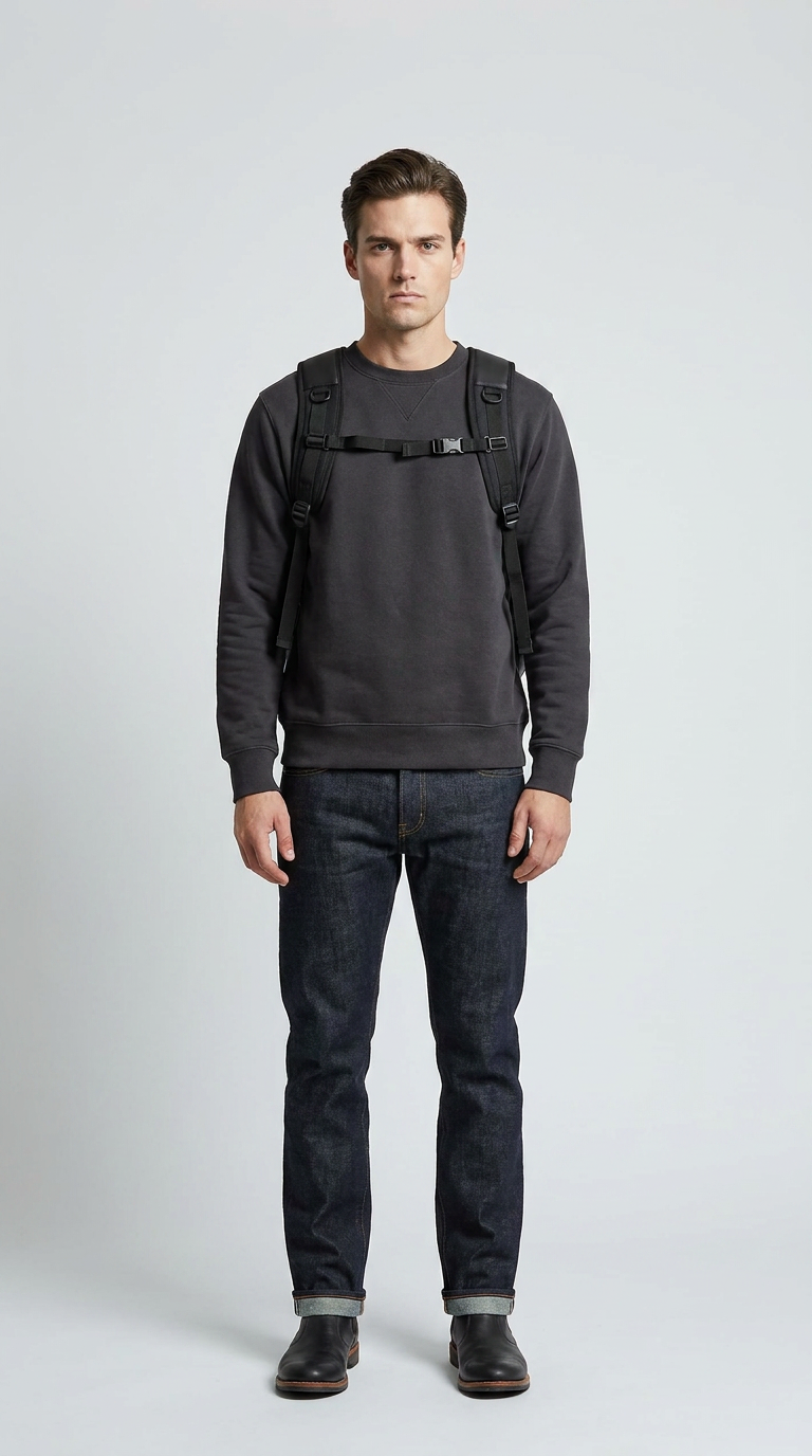 Mand i mørkegrå sweatshirt og mørkeblå jeans med en sort rygsæk foran en hvid baggrund.