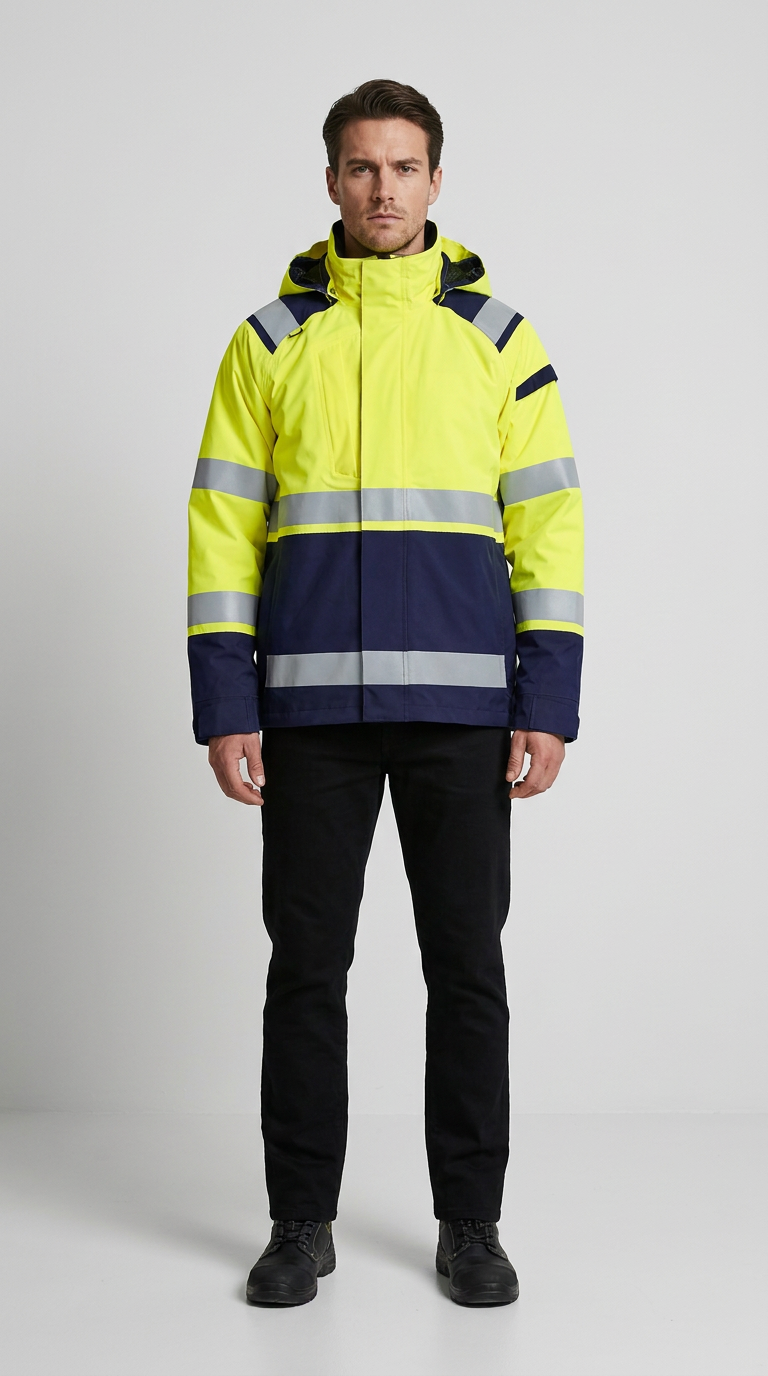 Mand i neon-gul og mørkeblå sikkerhedsjakke med reflekser, sorte bukser og støvler mod en grå baggrund.