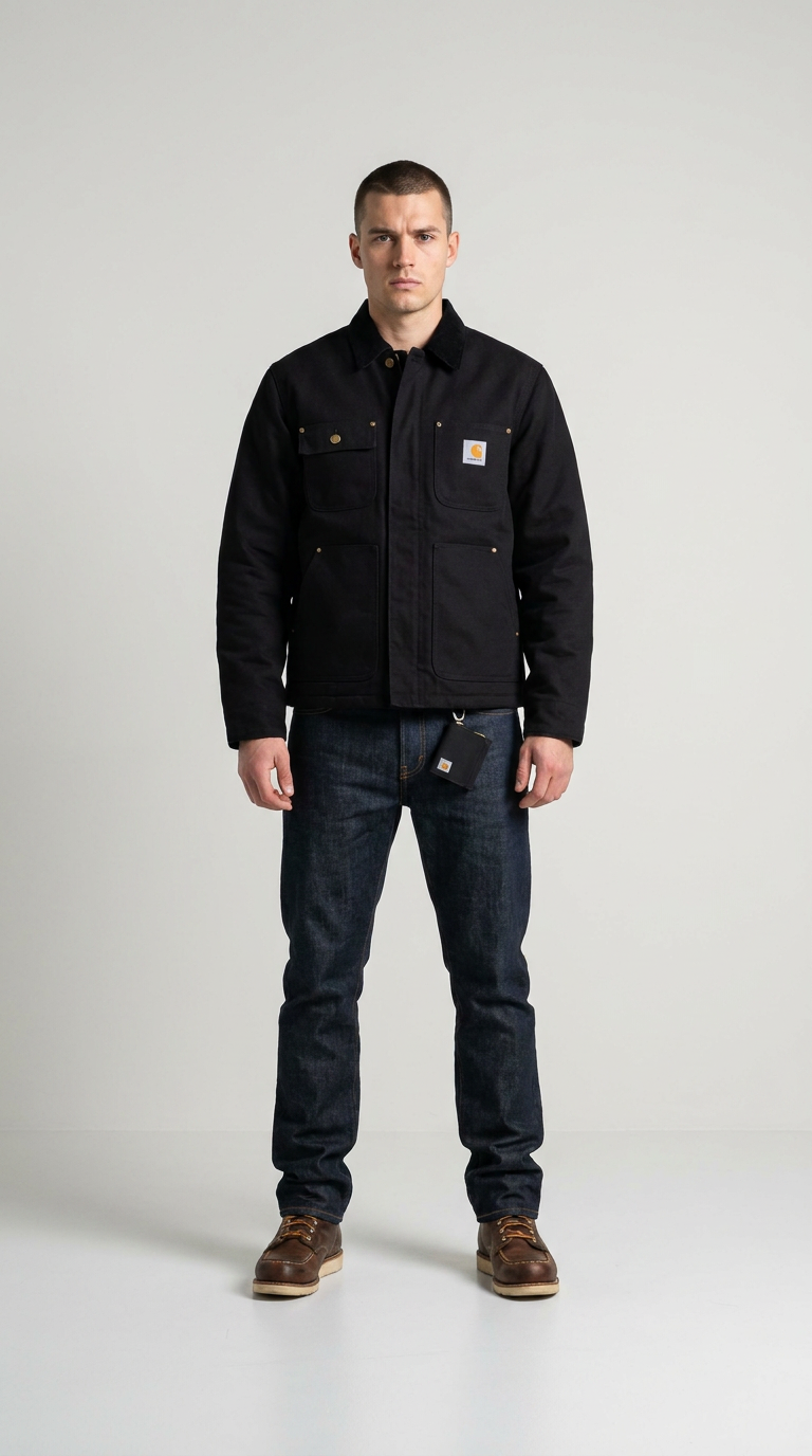 Mand iført en sort Carhartt-jakke, mørkeblå jeans og brune støvler mod en ensfarvet hvid baggrund.