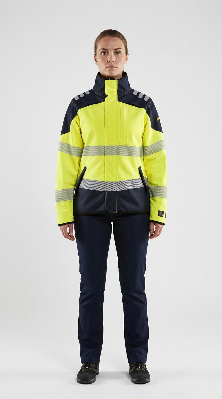 Kvinde i gul og mørkeblå high-visibility arbejdsjakke med refleksstriber og mørkeblå bukser på hvid baggrund.