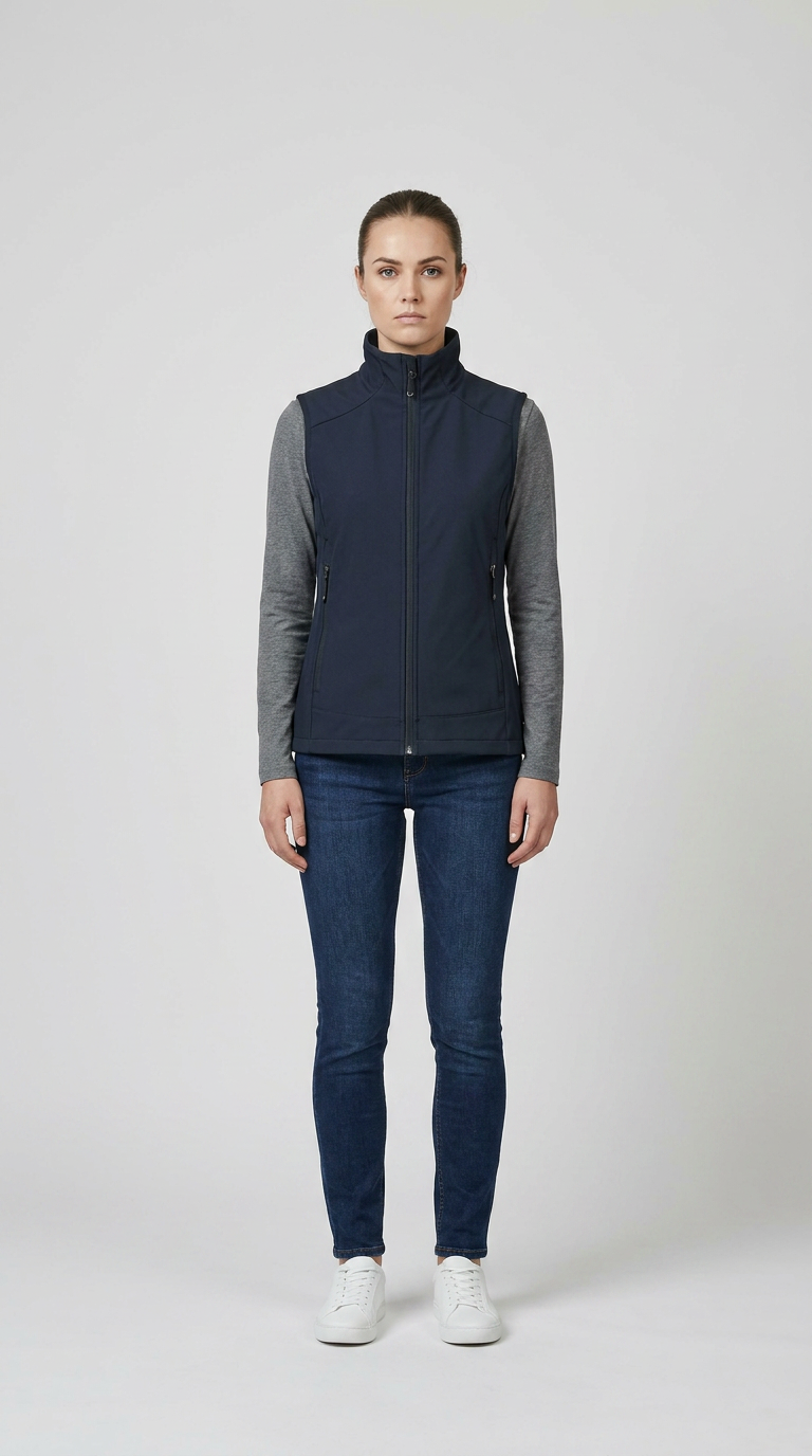 Kvinde i mørkeblå vest, grå trøje, blå jeans og hvide sneakers på en lys grå baggrund.