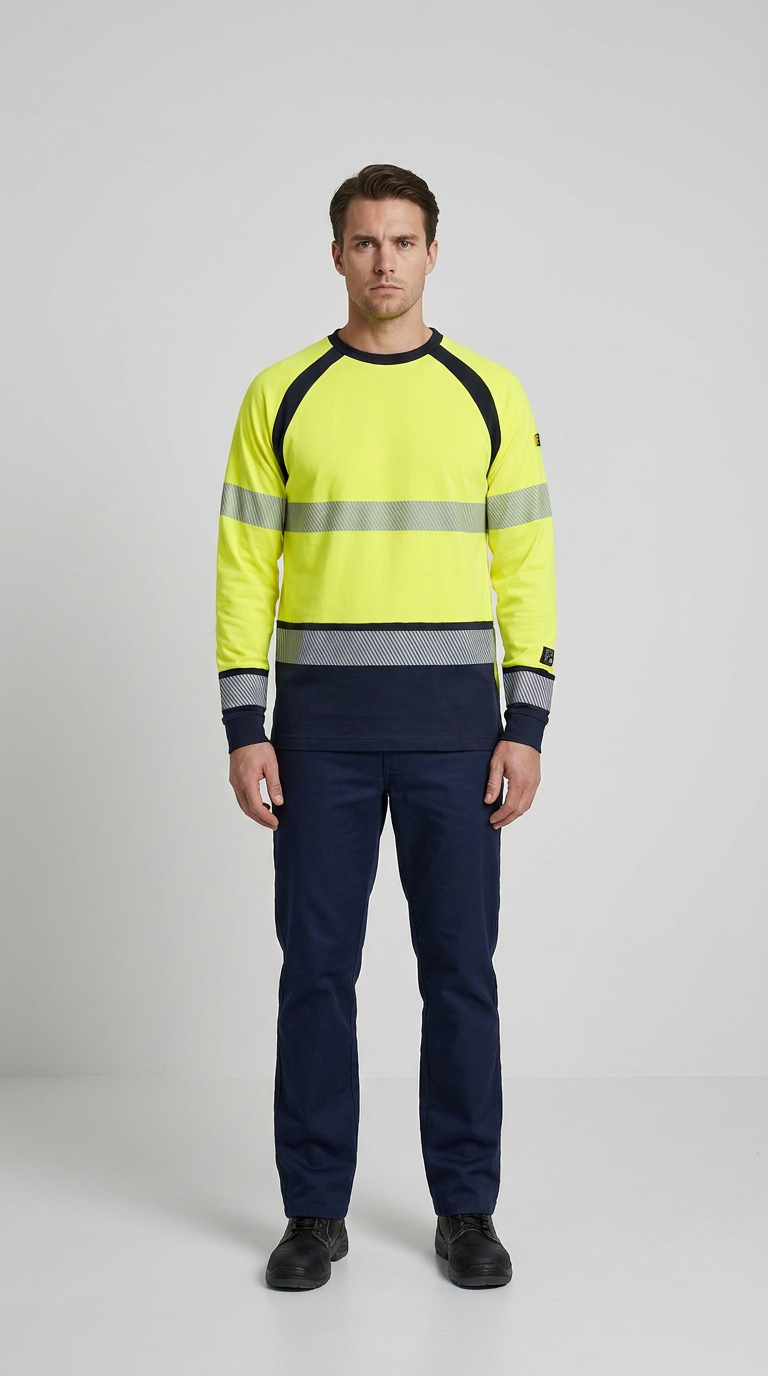Mand i gul high-visibility sweatshirt med refleksstriber og mørkeblå arbejdsbukser.