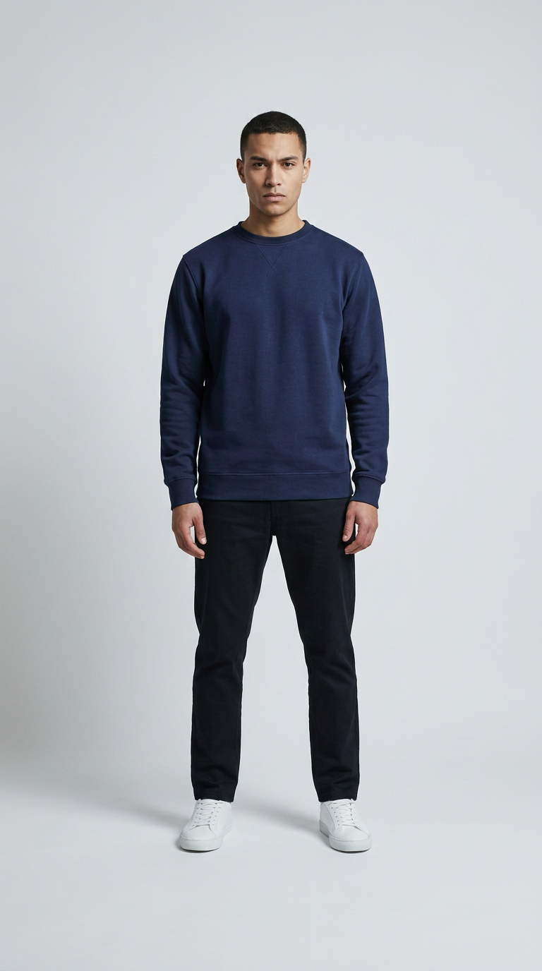 Mand i mørkeblå sweatshirt, sorte bukser og hvide sneakers på en lys baggrund.