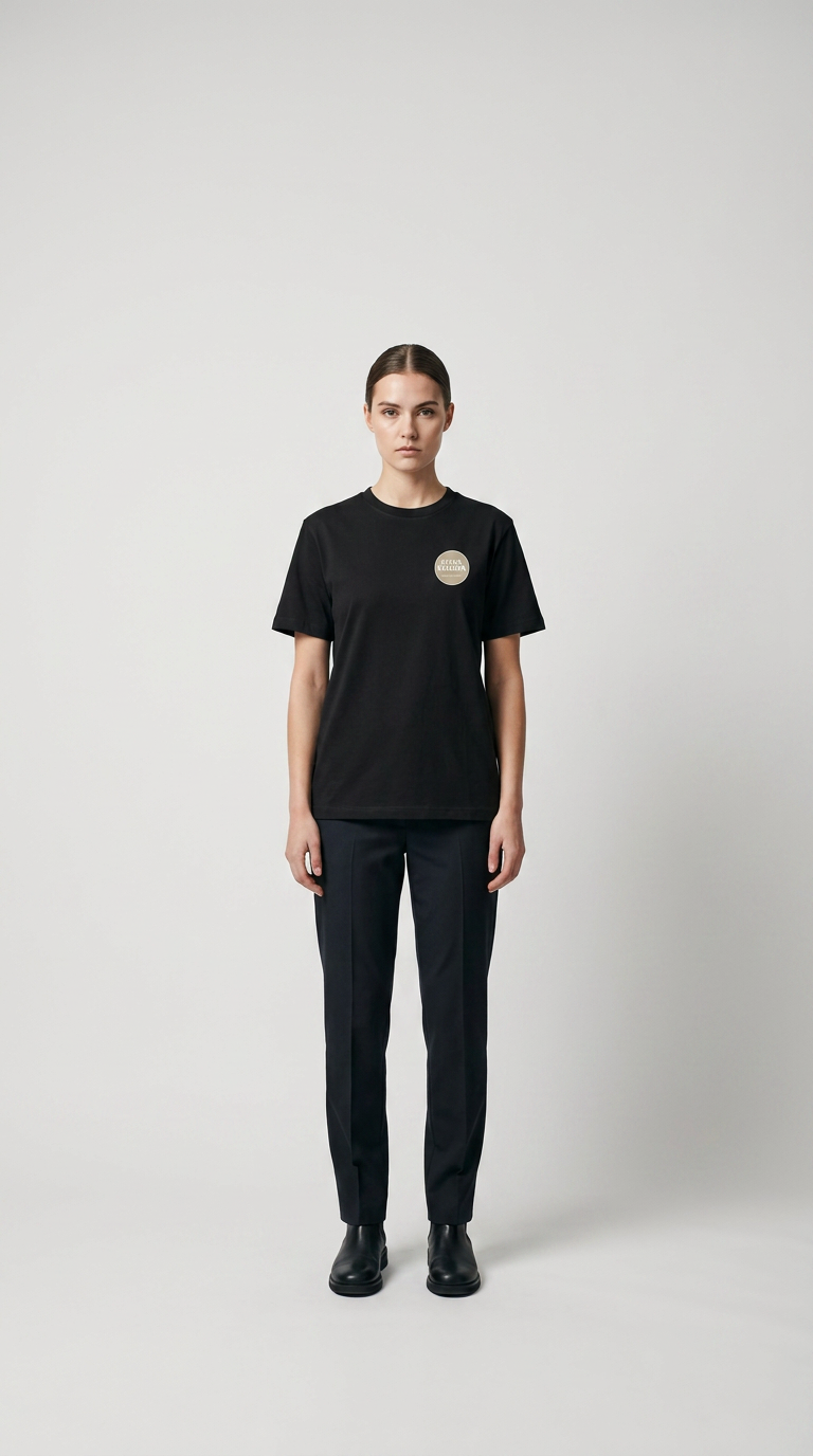 Kvinde i sort t-shirt med logo, sorte bukser og støvler mod en hvid baggrund.