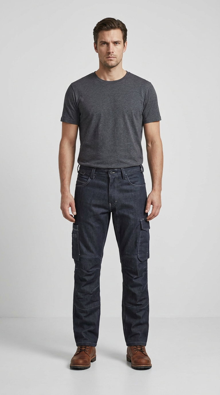 Mand i grå t-shirt og mørkeblå cargo-arbejdsbukser med brune læderstøvler mod en lys baggrund.