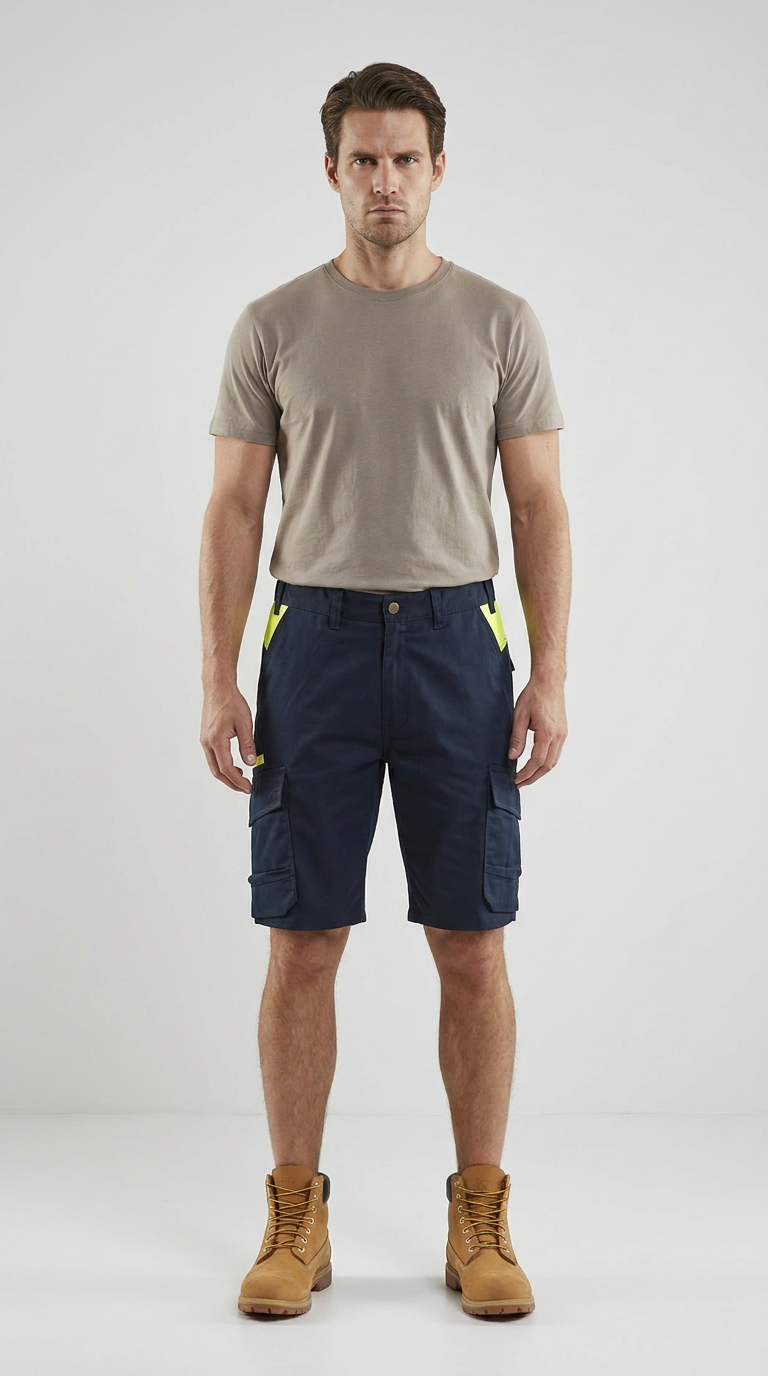 Mand i beige t-shirt, mørkeblå cargo-shorts med gule detaljer og brune arbejdsstøvler.