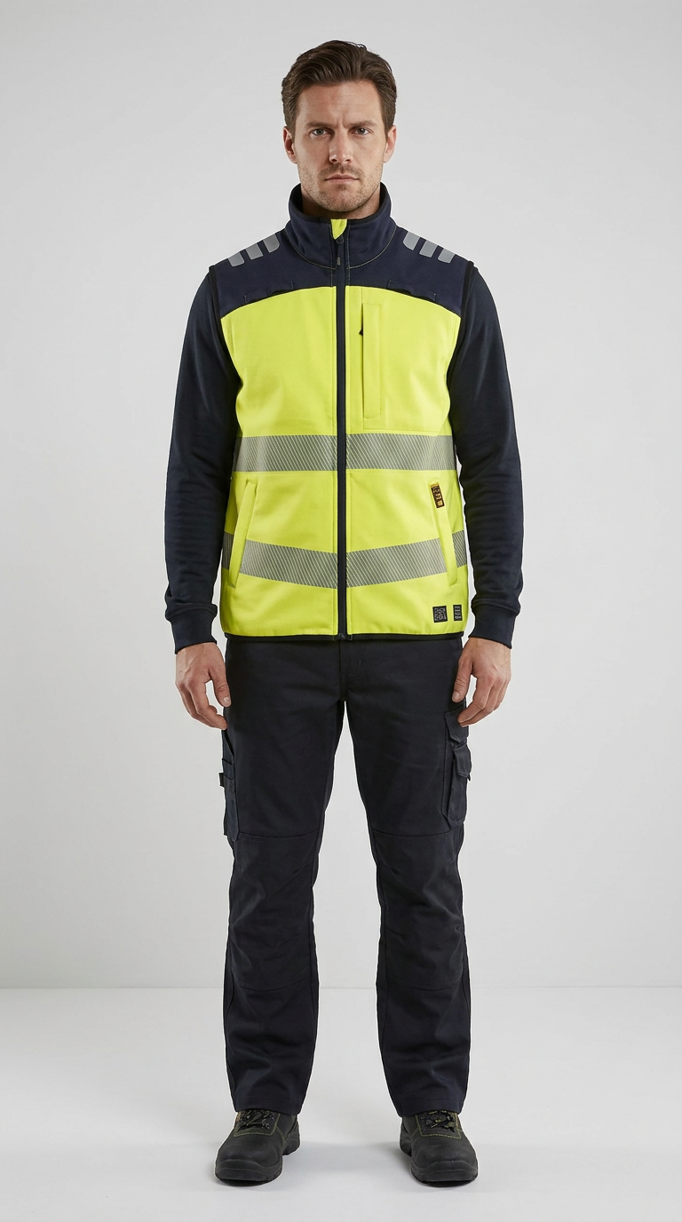 Mand i gul sikkerhedsvest med reflekser og mørkeblå arbejdsbukser mod en lys baggrund.