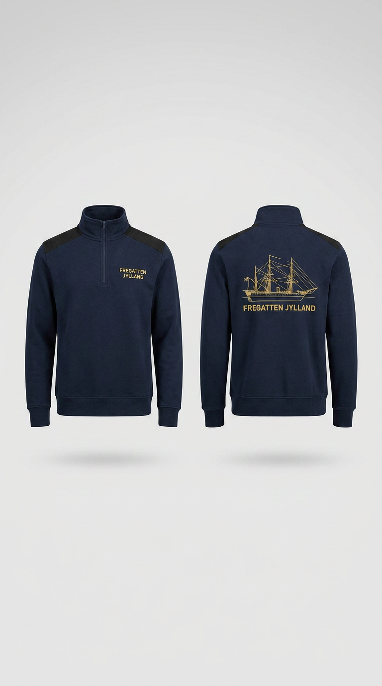 Marineblå sweatshirt med lynlås og guld broderi af Fregatten Jylland på for- og bagside.