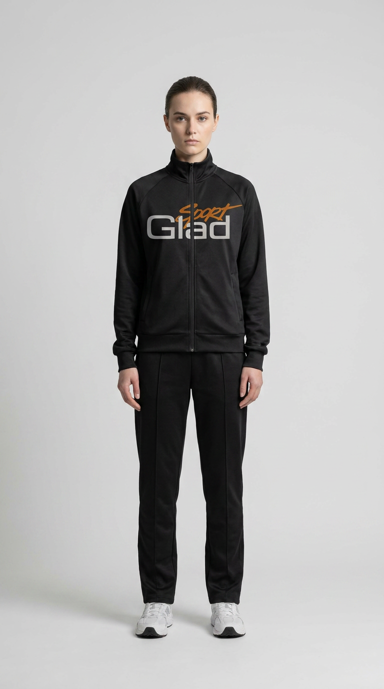 Kvinde i sort træningsdragt med "Sport Glad" logo på brystet mod en grå baggrund.