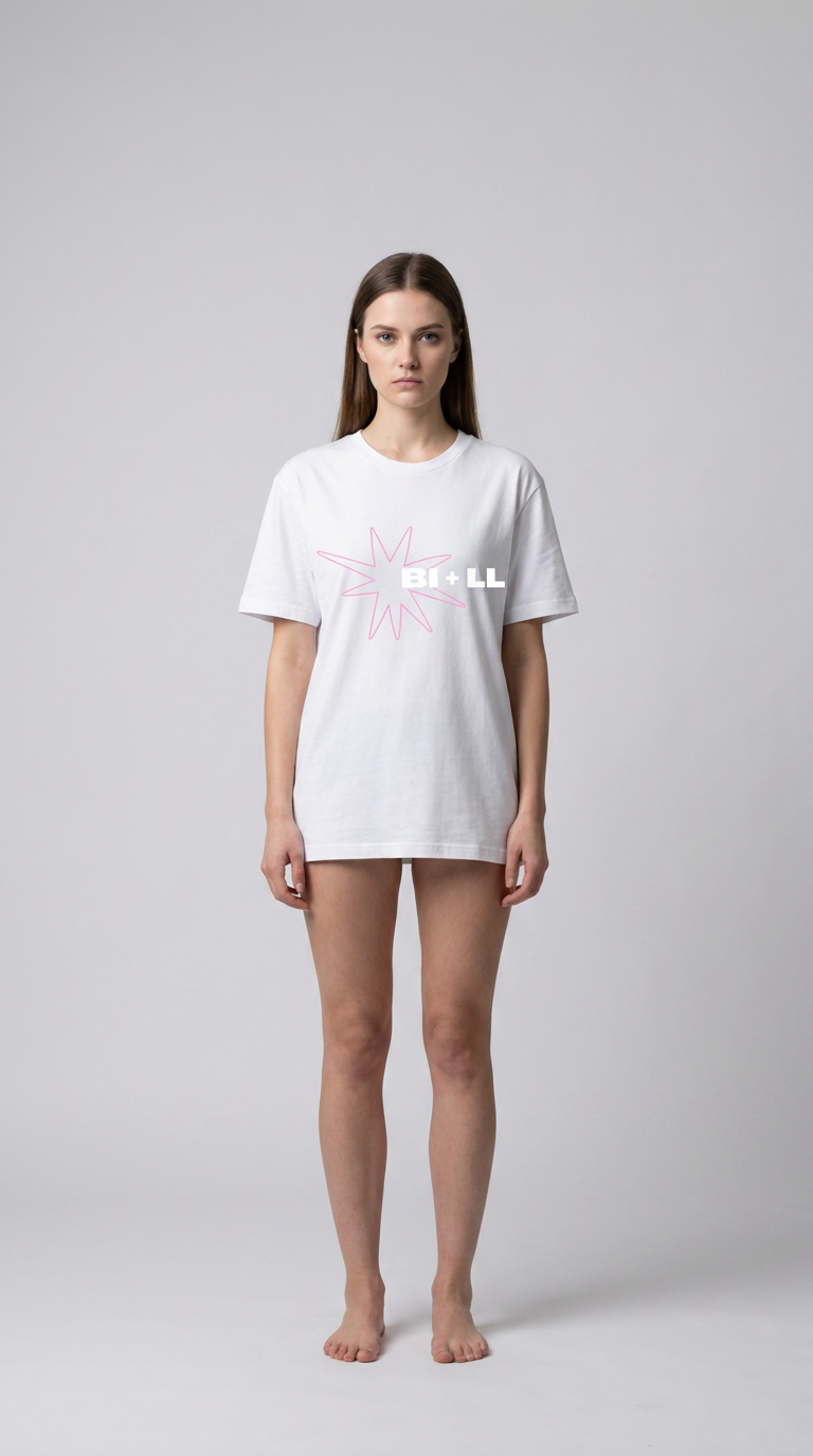 Kvinde i hvid t-shirt med lyserød stjerne og 'BI+LL' tekst mod en grå baggrund.