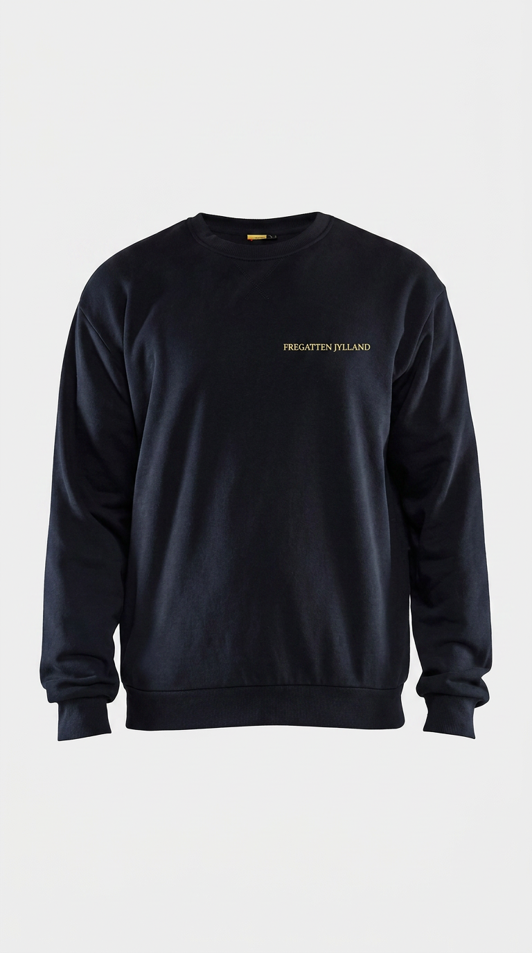 Mørkeblå sweatshirt med guldteksten "FREGATTEN JYLLAND" på brystet mod en hvid baggrund.
