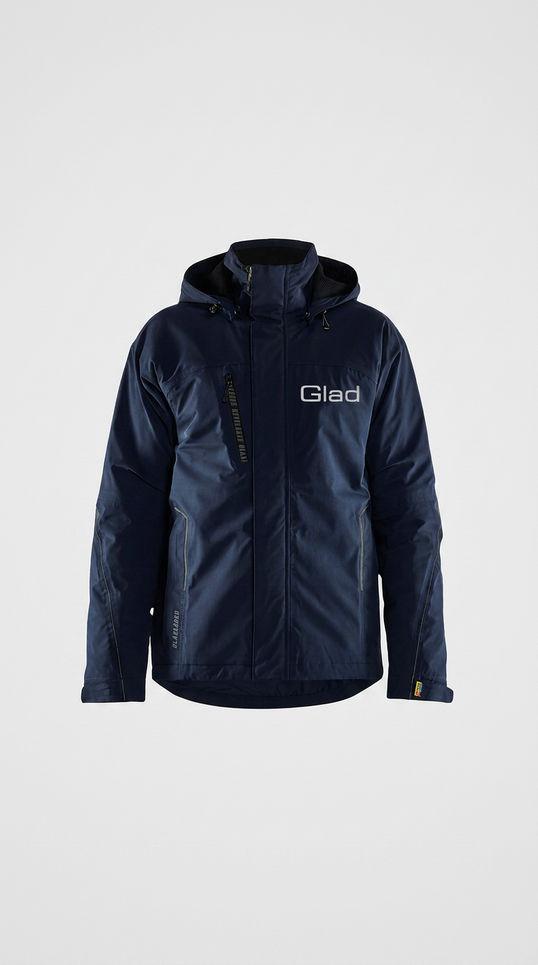 Mørkeblå arbejdsjakke med hætte og Glad-logo på brystet mod en lys baggrund.