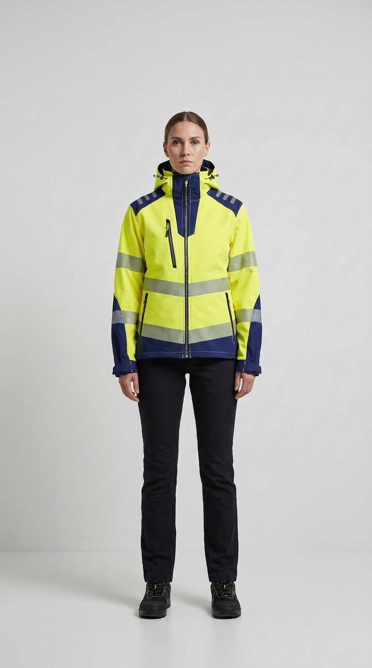 Kvinde i gul og mørkeblå high-visibility arbejdsjakke med reflekser og sorte bukser.