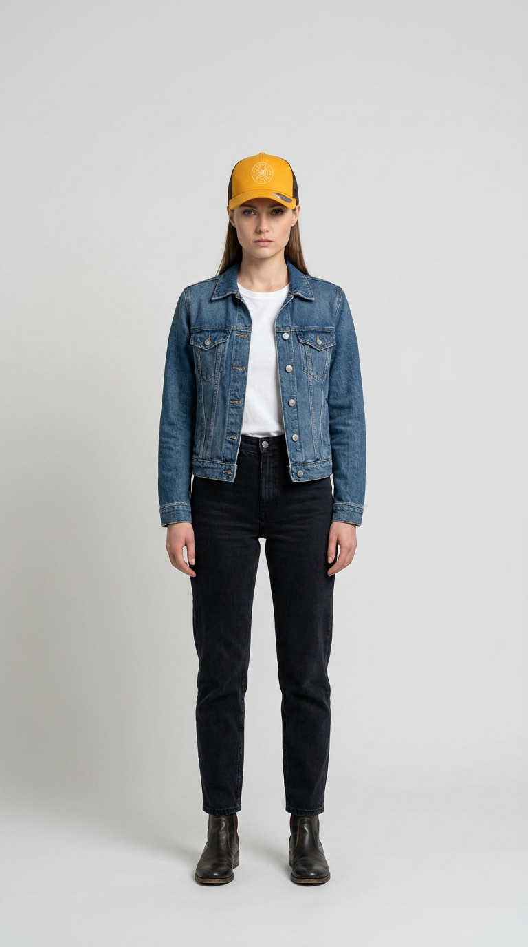 Kvinde i blå denimjakke, gul kasket og sorte jeans stående mod en grå baggrund.
