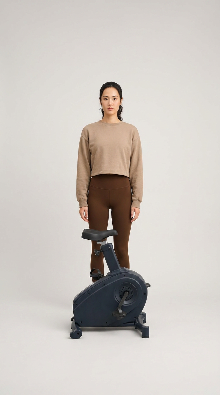 En kvinde i beige sweatshirt og brune leggings står bag en mørkeblå motionscykel i et lyst studie.