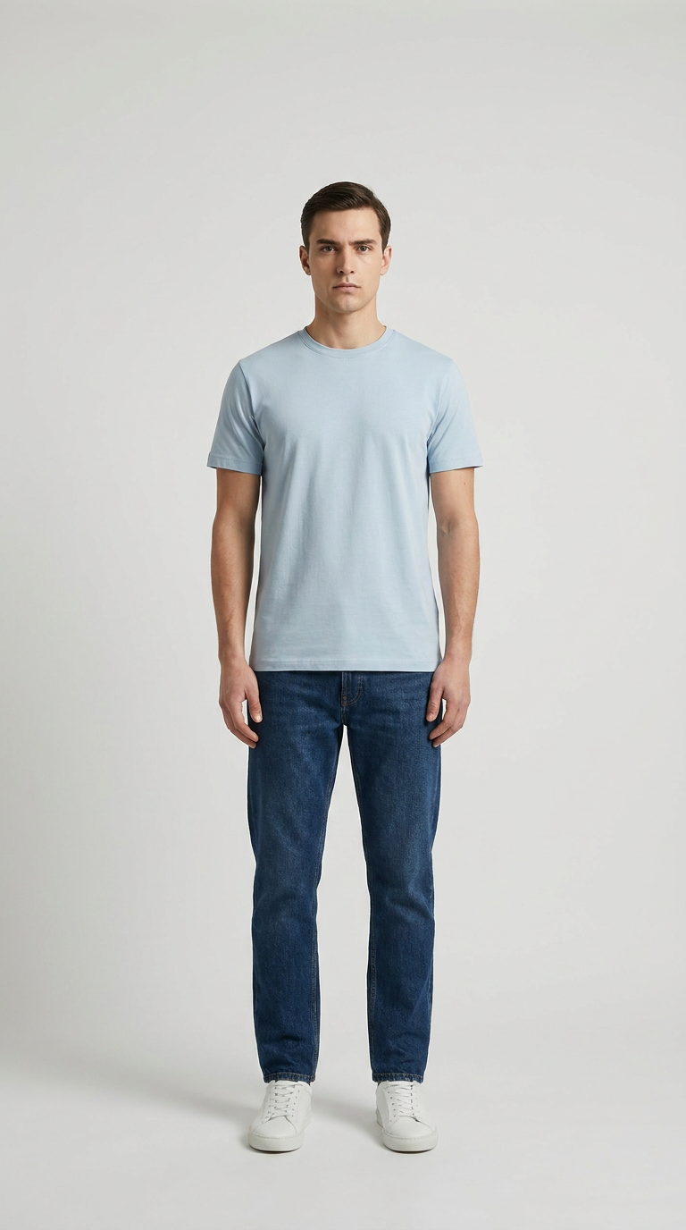 En mand i lyseblå t-shirt og mørkeblå jeans mod en hvid baggrund.