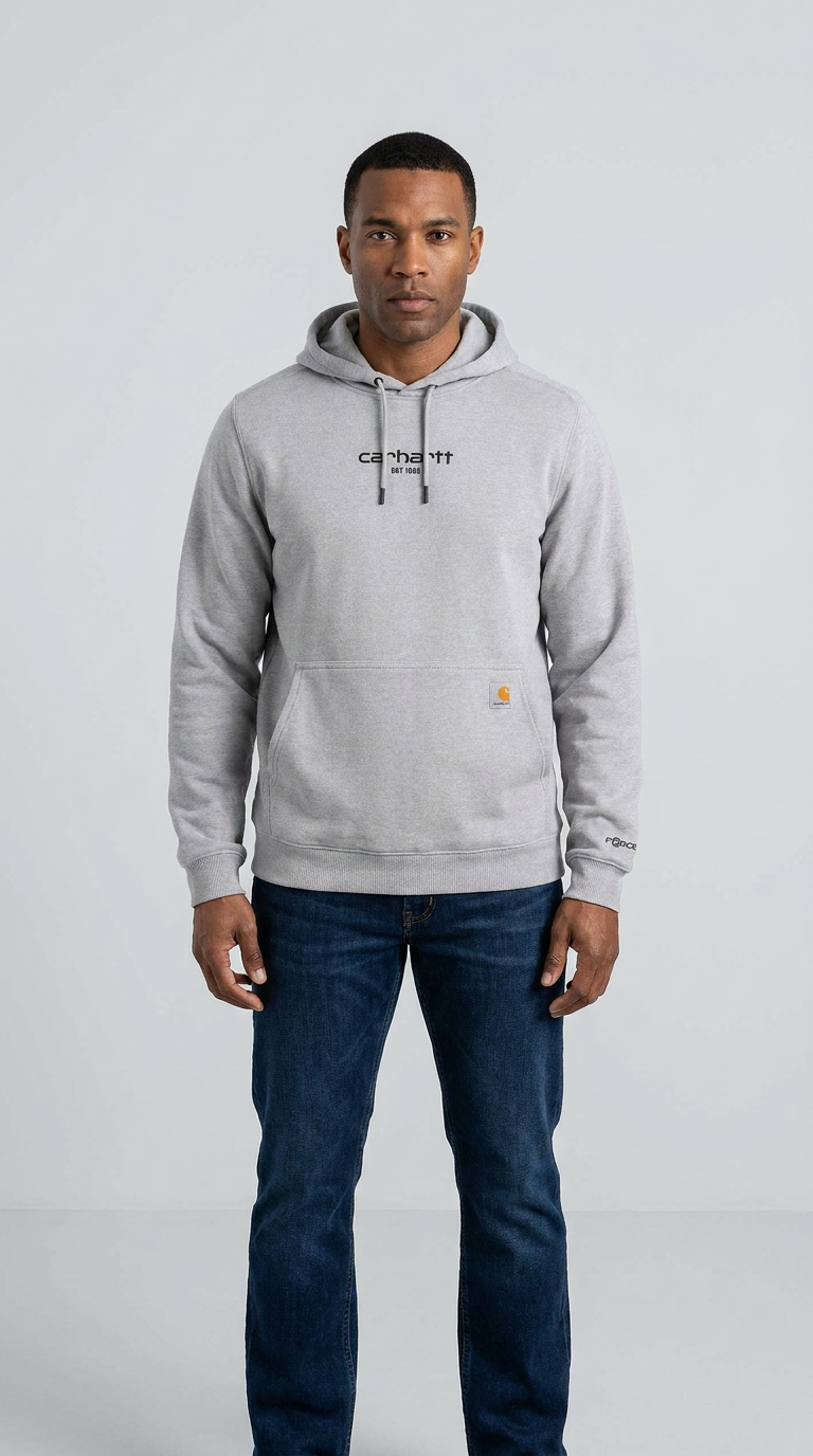 Mand i grå Carhartt-hættetrøje og blå jeans mod en lys baggrund.