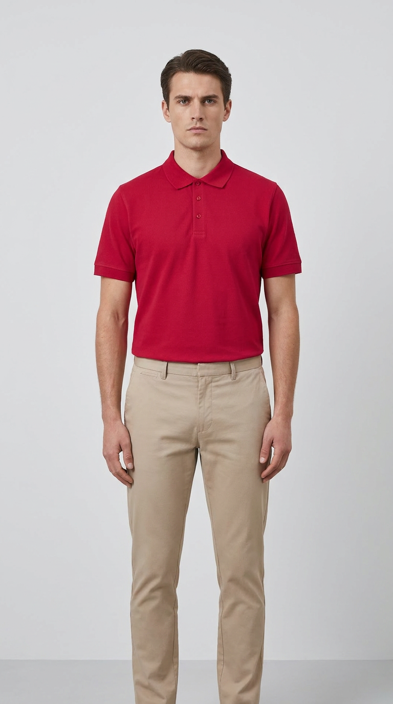 Mand iført en rød polo-shirt og beige chinos mod en neutral baggrund.