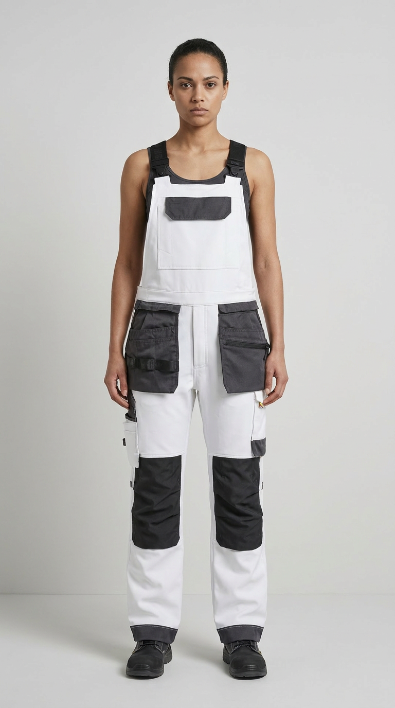 Kvinde iført hvide smækbukser med mørkegrå lommer og knæforstærkninger mod en lys baggrund.