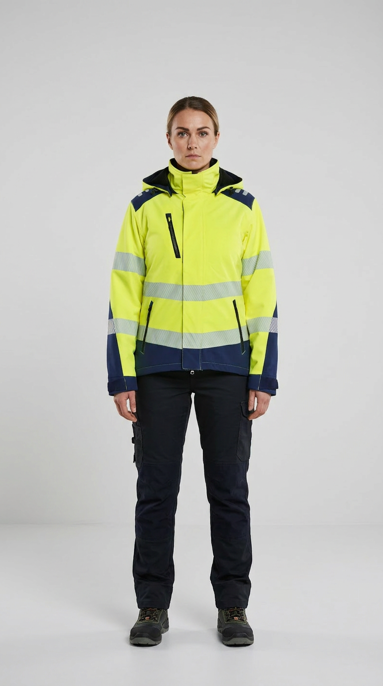 Kvinde i gul og marineblå refleksjakke og mørke arbejdsbukser mod en grå baggrund.