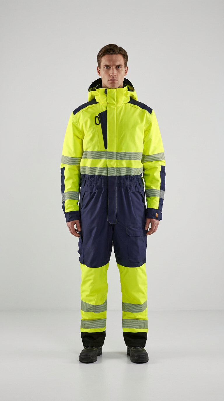 Mand i neongul og marineblå high-visibility heldragt med refleksstriber mod en lys baggrund.