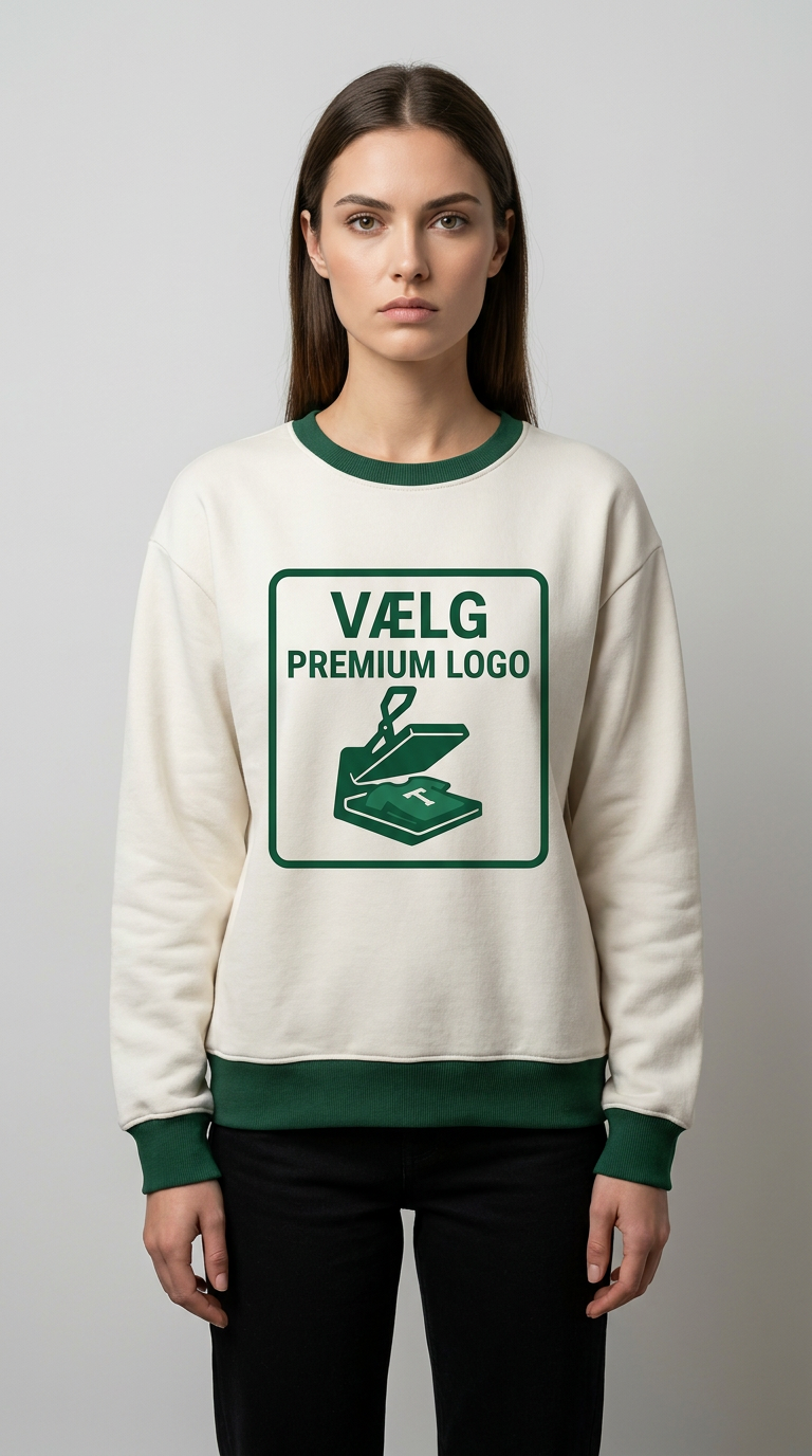 Kvinde i creme sweatshirt med grønne detaljer og "VÆLG PREMIUM LOGO" grafik på brystet.