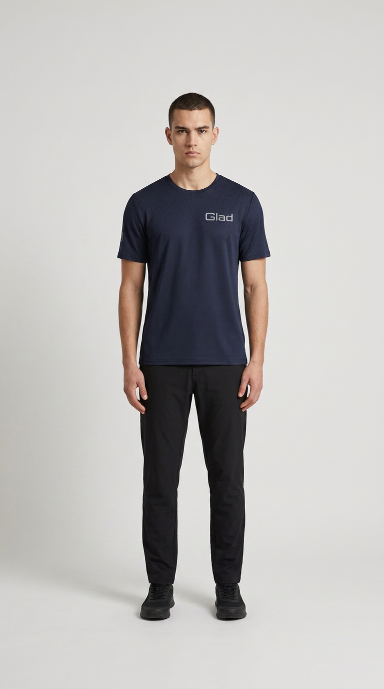Mand i marineblå t-shirt med Glad-logo og sorte bukser mod en lys baggrund.
