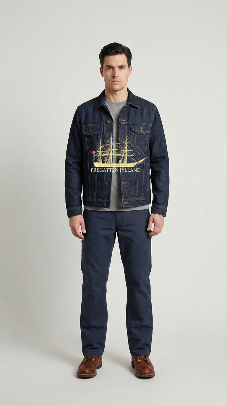 Mand i denimjakke med print af Fregatten Jylland, mørkeblå bukser og brune støvler på grå baggrund.