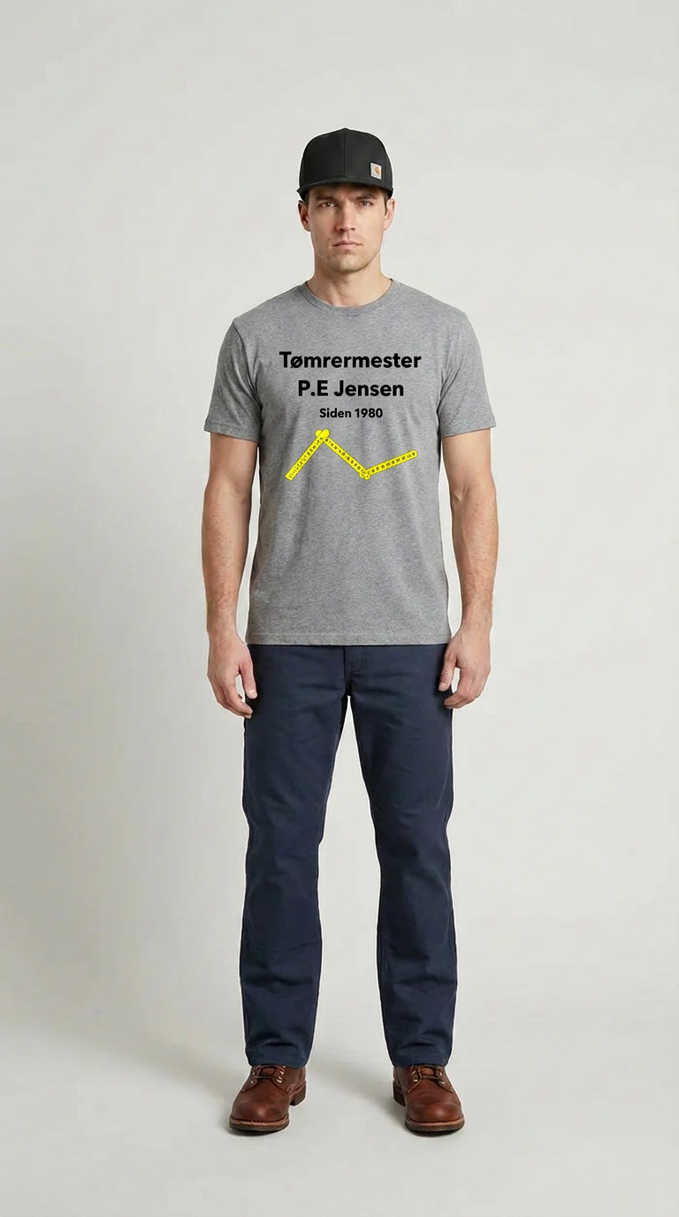 Mand i grå t-shirt med teksten 'Tømrermester P.E Jensen' og en gul tommestok, iført kasket og mørke bukser.