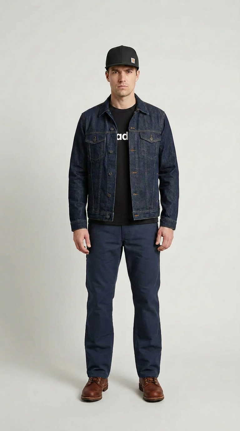 Mand i mørkeblå denimjakke, sorte bukser og kasket foran en lys baggrund.