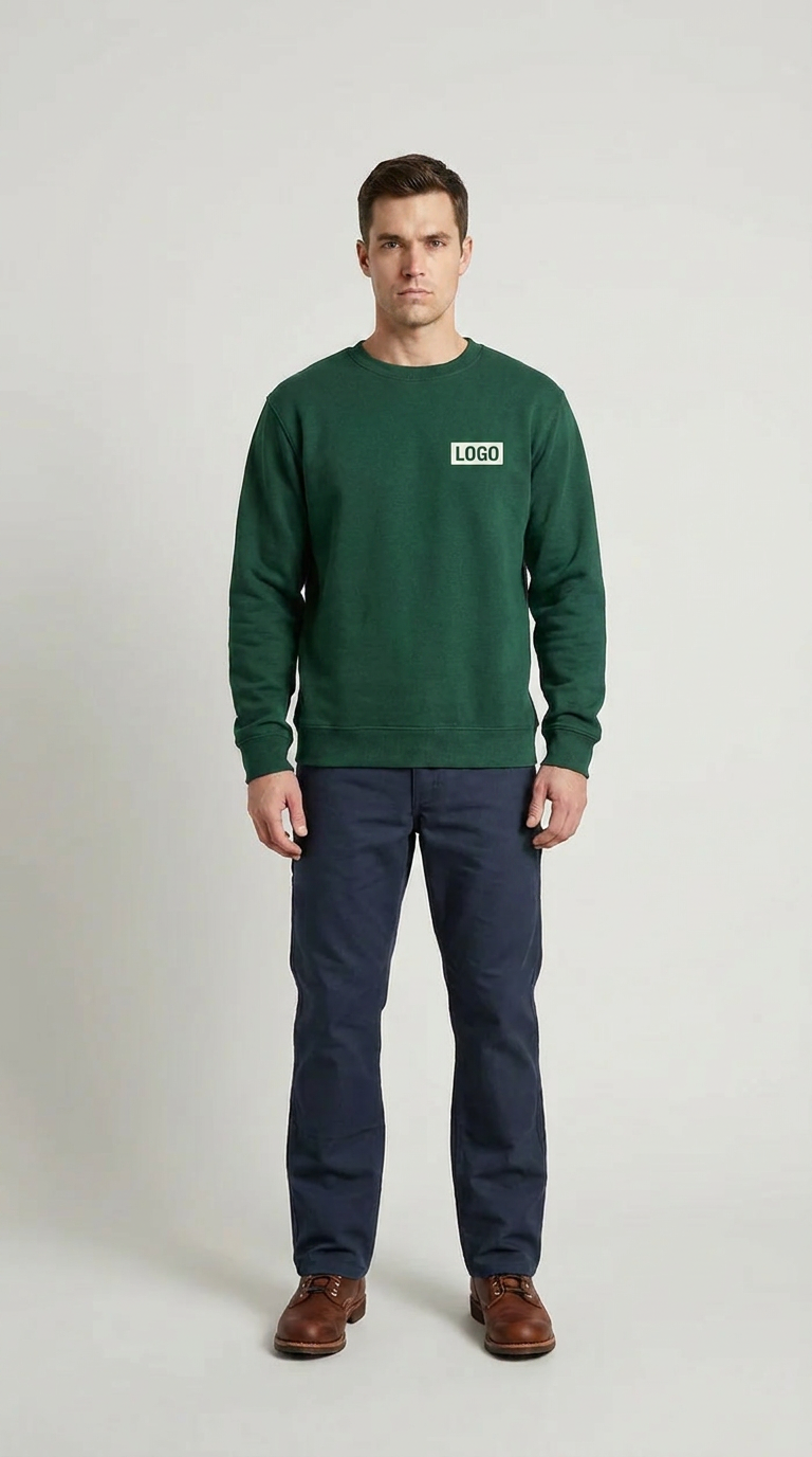 En mand i en mørkegrøn sweatshirt med logo, mørkeblå bukser og brune støvler mod en lys baggrund.