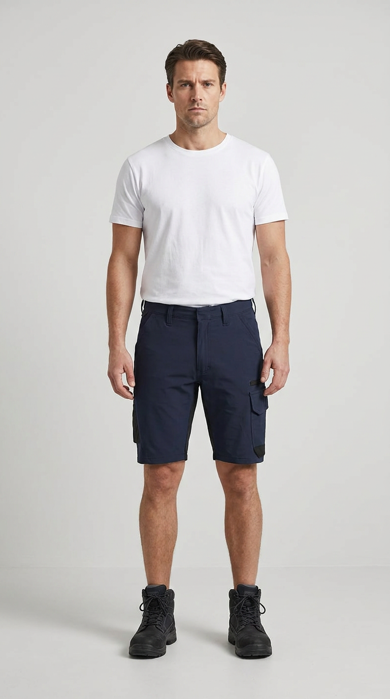 Mand i hvid t-shirt, mørkeblå arbejdsshorts og sorte støvler mod en lys grå baggrund.