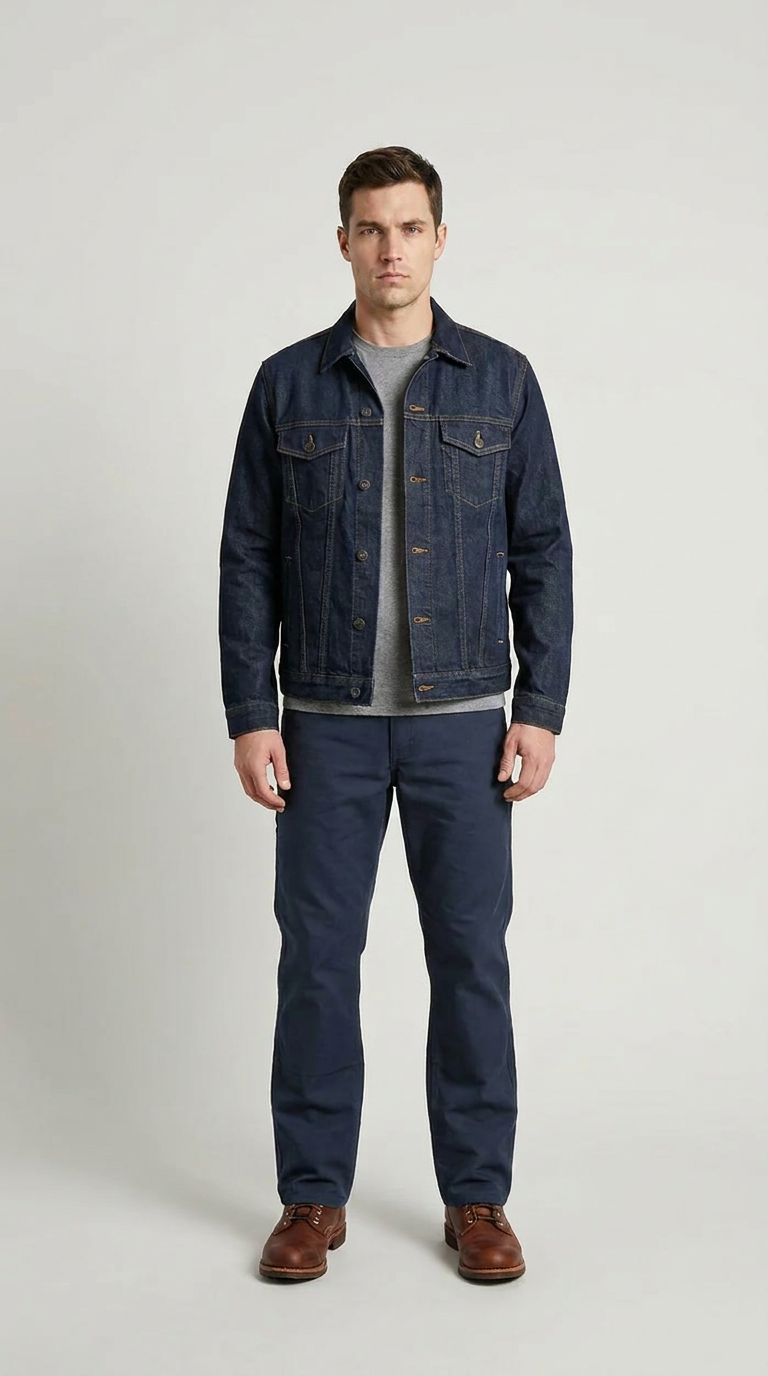Mand i mørkeblå denimjakke, grå t-shirt og mørkeblå bukser mod en lys baggrund.
