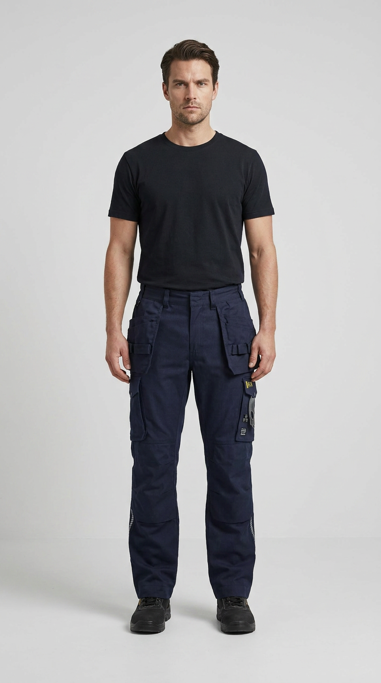Mand i sort t-shirt og mørkeblå arbejdsbukser med funktionelle lommer på en grå baggrund.