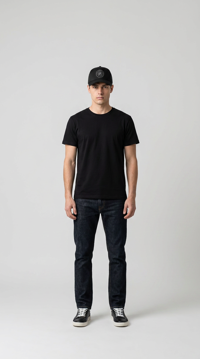 Mand i sort t-shirt, mørkeblå jeans og en sort kasket mod en enkel grå baggrund.