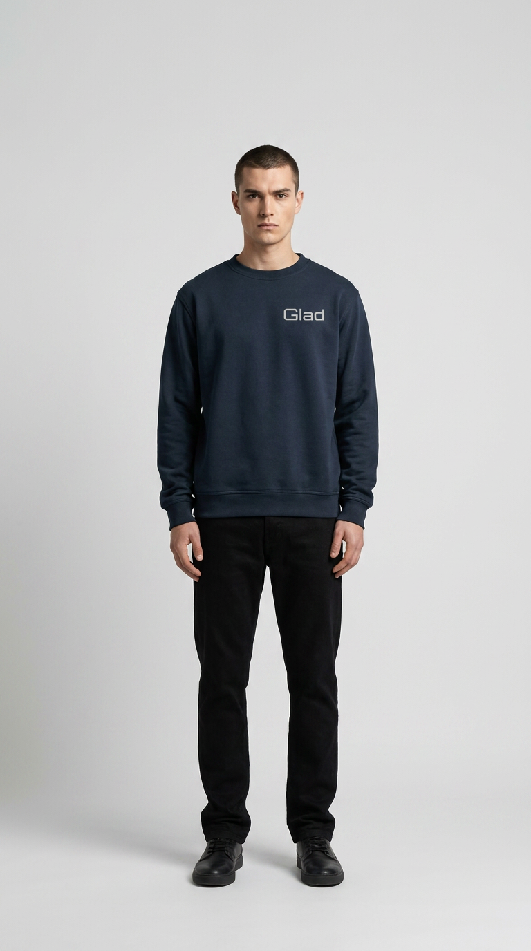 Mand i mørkeblå sweatshirt med Glad-logo og sorte bukser foran en grå baggrund.