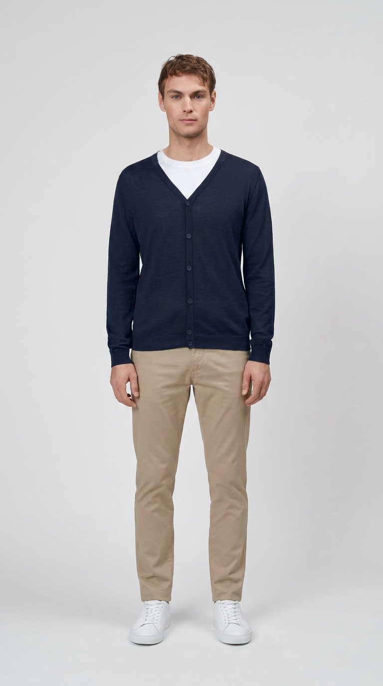 Mand i mørkeblå cardigan, hvid t-shirt, beige bukser og hvide sneakers mod en lys baggrund.