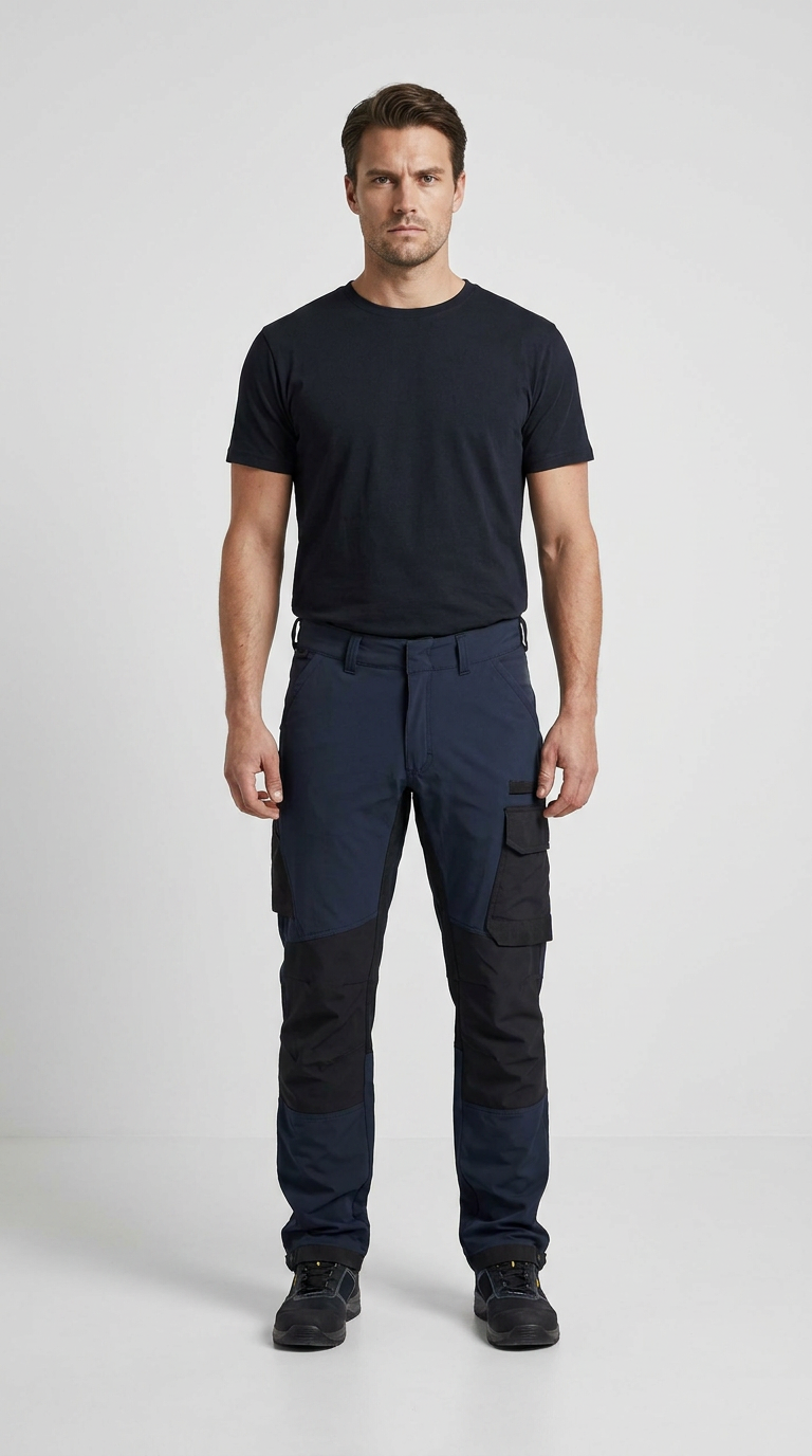 Mand iført mørkeblå arbejdsbukser med sorte detaljer og en sort t-shirt på en hvid baggrund.