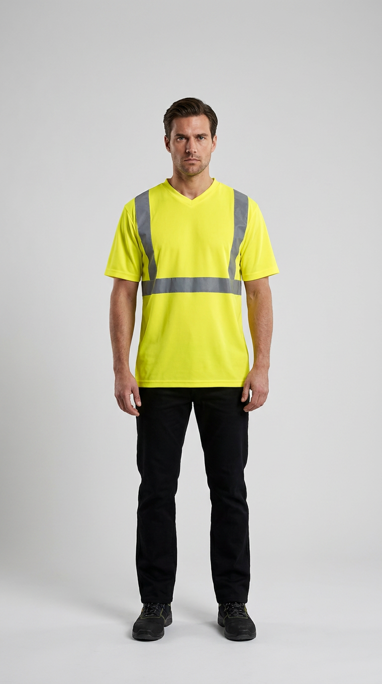 Mand i gul high-visibility t-shirt med refleksstriber og sorte bukser mod en lys baggrund.