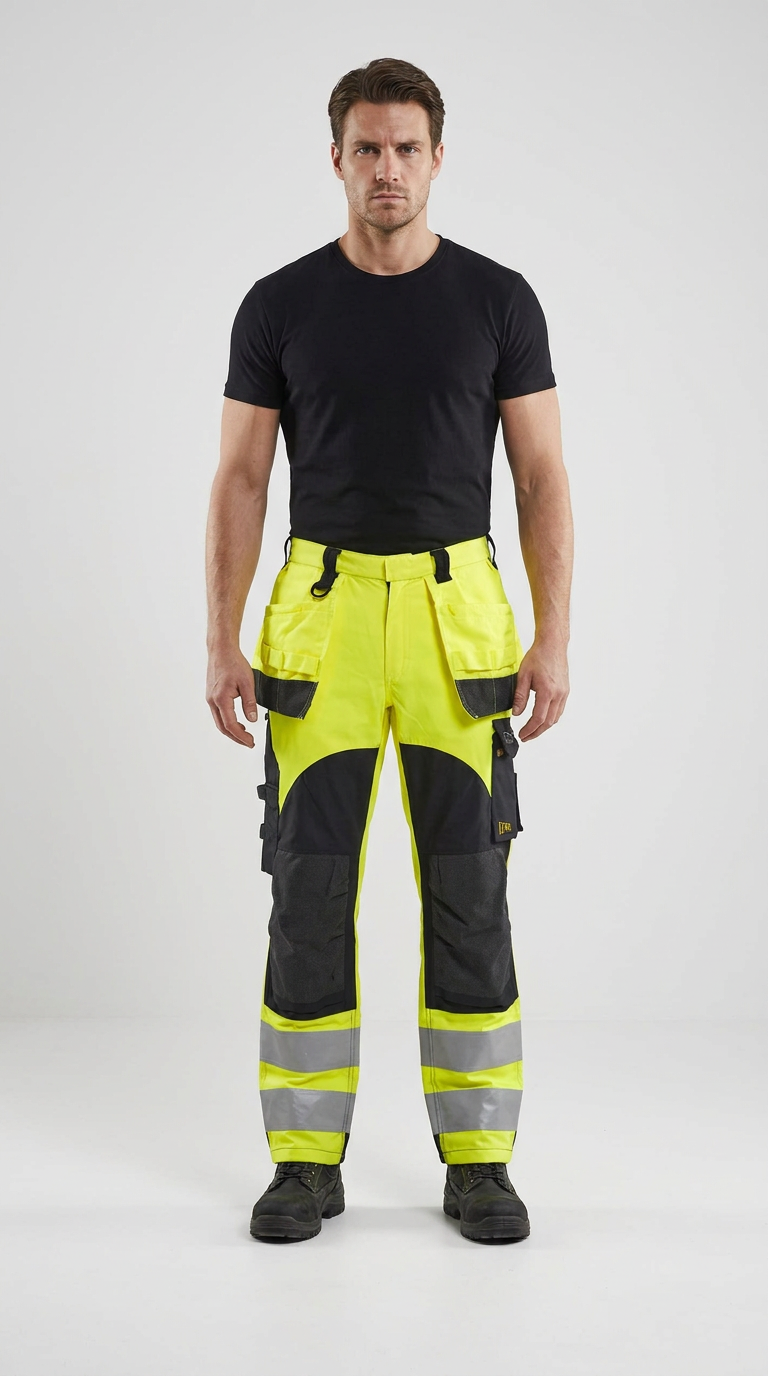Mand i sort t-shirt og neongule arbejdsbukser med reflekser mod en hvid baggrund.
