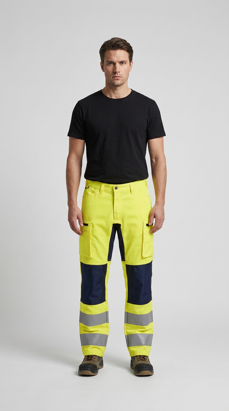 Mand i sort t-shirt og fluorescerende gule arbejdsbukser med mørkeblå detaljer og refleksstriber.