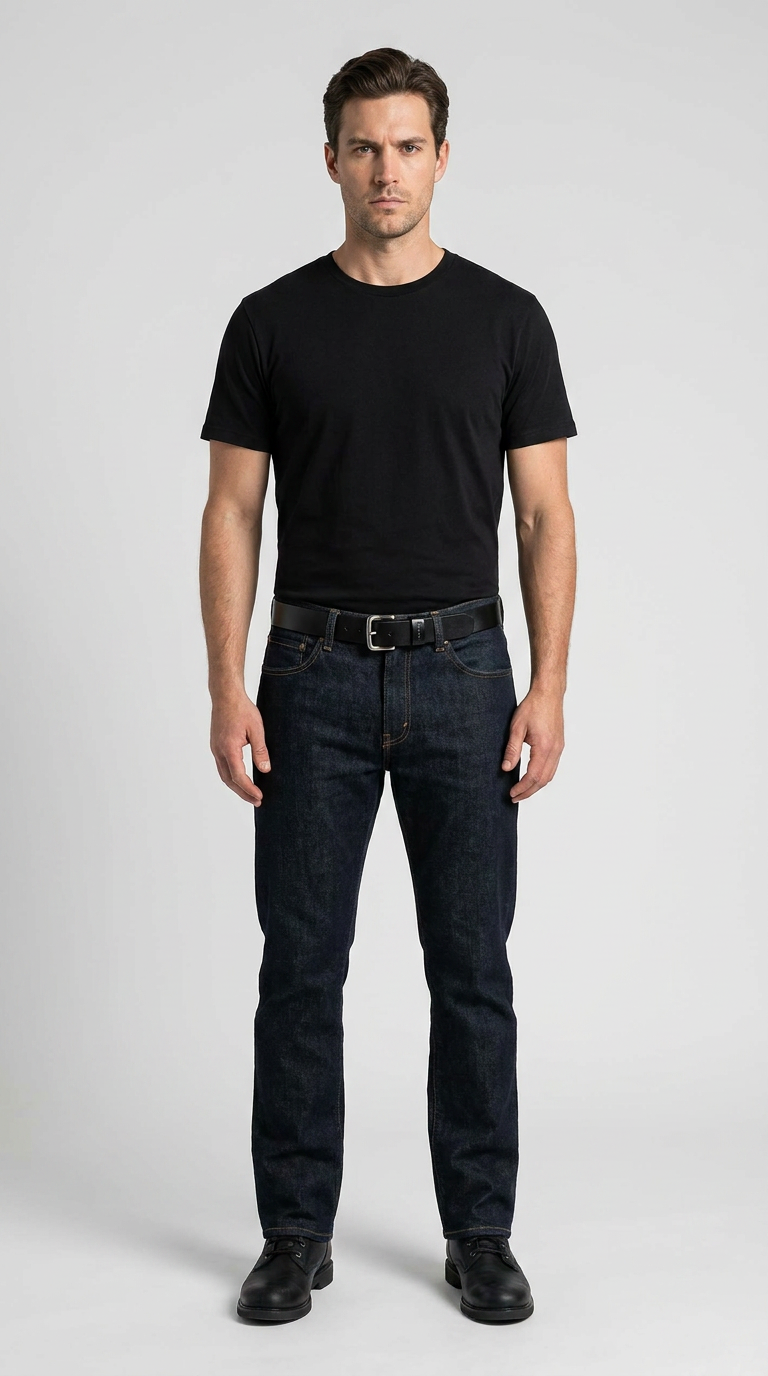 Mand i sort t-shirt og mørkeblå jeans står foran en neutral grå baggrund.