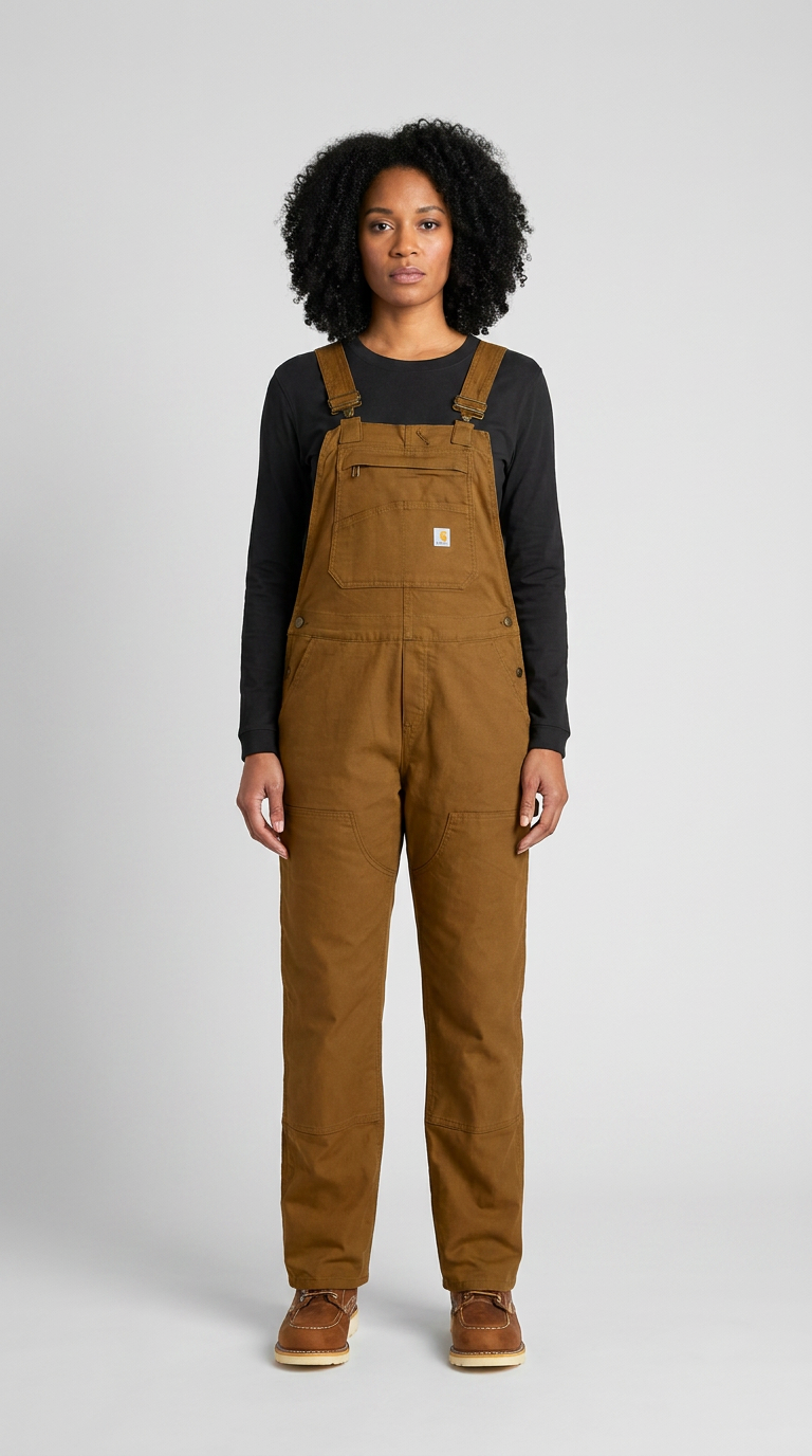 Kvinde med krøllet hår iført brune Carhartt-overalls og en sort langærmet trøje mod en grå baggrund.